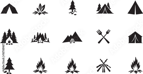 "Camping Silhouette Icons – Tents, Campfire & Trees"

"Outdoor Adventure Vector Set – Camping, Fire, and Nature"

"Black Silhouette Icons of Camping Tents and Campfires"