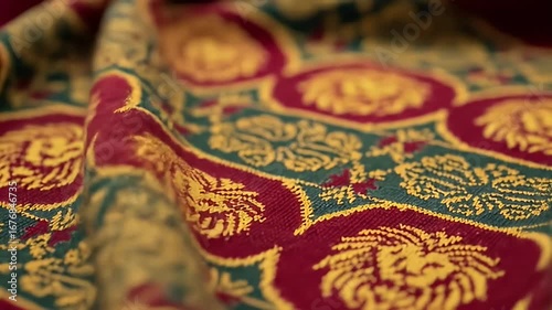 Wallpaper Mural Draped fabric with elaborate gold pattern on red and green background, soft lighting Torontodigital.ca