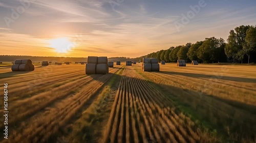 Wallpaper Mural Golden sunset over a harvested field with rows of hay bales and tree line background Torontodigital.ca
