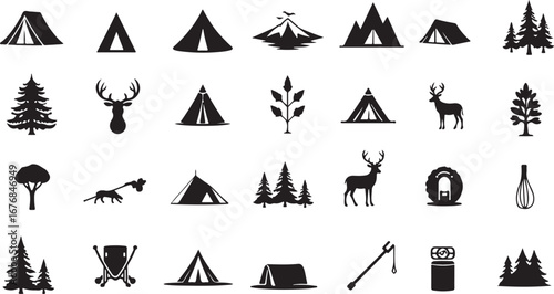 "Camping Silhouette Icons – Tents, Campfire & Trees"

"Outdoor Adventure Vector Set – Camping, Fire, and Nature"

"Black Silhouette Icons of Camping Tents and Campfires"