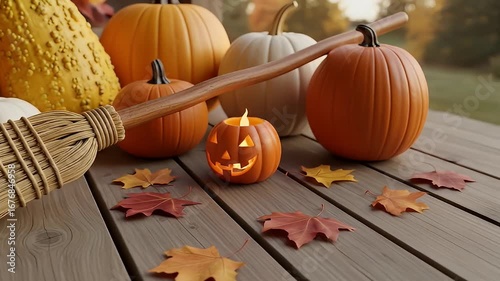 Wallpaper Mural Festive autumn setup with pumpkins, leaves, jack-o'-lantern, and a broom Torontodigital.ca