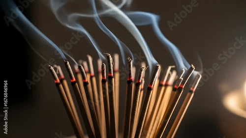 Wallpaper Mural Burning incense sticks in a bundle, producing fragrant smoke, dark background Torontodigital.ca