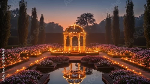 Wallpaper Mural Ornate gazebo in a formal garden lit with candles at dusk, reflected in pond Torontodigital.ca