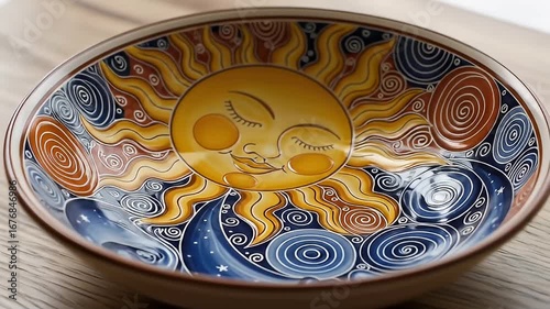 Wallpaper Mural Hand-painted ceramic bowl featuring a sun and moon motif with swirled decorative elements Torontodigital.ca