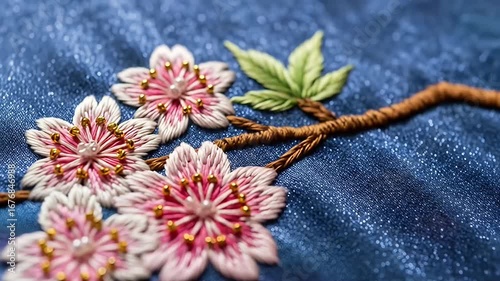 Wallpaper Mural Embroidered cherry blossoms with gold accents on a textured, blue fabric background Torontodigital.ca