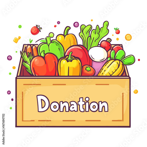 A hand-drawn, flat-style digital illustration of a wooden box filled with various fruits and vegetables, with "Donation" written on the side. Ideal for websites and blogs about charity, food drives