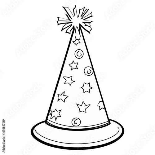 A black-and-white icon of a party hat with stars and swirls. This simple line art is perfect for party-themed websites, coloring pages, or blogs about events, celebrations, and birthdays.

