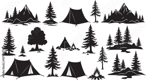 "Camping Silhouette Icons – Tents, Campfire & Trees"

"Outdoor Adventure Vector Set – Camping, Fire, and Nature"

"Black Silhouette Icons of Camping Tents and Campfires"