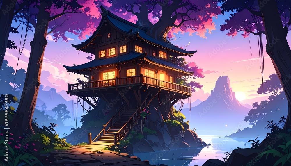 Fototapeta premium A Serene Evening Retreat, Treehouse in Lush Forest, Nature Illustration, Peaceful Environment, Golden Light Over Water