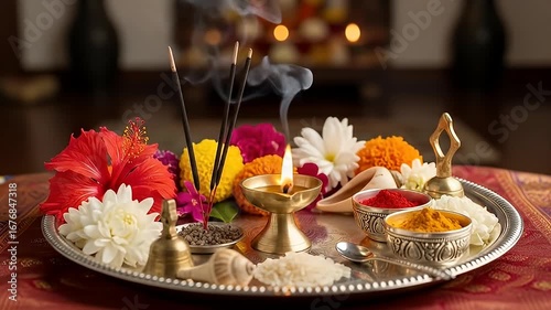 Wallpaper Mural Tray with flowers, incense sticks, diya, spices, bell, shell, rice for Hindu puja Torontodigital.ca