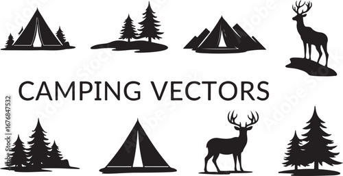 "Camping Silhouette Icons – Tents, Campfire & Trees"

"Outdoor Adventure Vector Set – Camping, Fire, and Nature"

"Black Silhouette Icons of Camping Tents and Campfires"