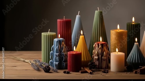 Wallpaper Mural Assorted lit candles in varying shapes, colors, and textures on a wooden surface, against a dark backdrop Torontodigital.ca