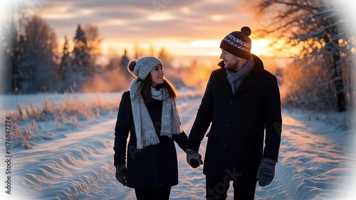 Wallpaper Mural Couple walks hand-in-hand through a snowy, sunlit landscape wearing winter clothing Torontodigital.ca