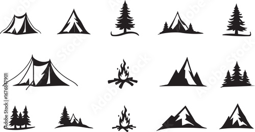 "Camping Silhouette Icons – Tents, Campfire & Trees"

"Outdoor Adventure Vector Set – Camping, Fire, and Nature"

"Black Silhouette Icons of Camping Tents and Campfires"