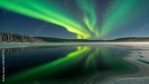 Wallpaper Mural A wintery landscape featuring a vibrant aurora borealis reflected in calm, dark waters Torontodigital.ca
