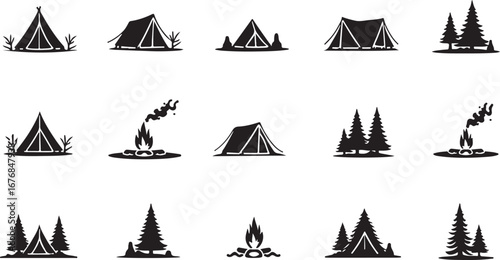 "Camping Silhouette Icons – Tents, Campfire & Trees"

"Outdoor Adventure Vector Set – Camping, Fire, and Nature"

"Black Silhouette Icons of Camping Tents and Campfires"