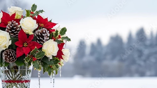 Wallpaper Mural Floral arrangement in glass vase with poinsettias, roses, pinecones and icicles Torontodigital.ca