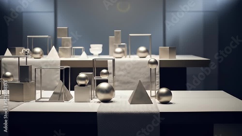 Wallpaper Mural Silver geometric objects on white tables, with muted blue background and studio lighting Torontodigital.ca