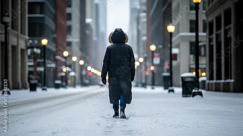 Wallpaper Mural Person walks away down snow-covered city street lined with buildings and street lights Torontodigital.ca