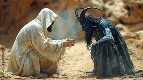 New Testament trial: Jesus solitude, devil challenge, gospel record, desert silence, divine proof, holy victory, spiritual ordeal, sacred symbol, biblical truth, forty day, eternal lesson,