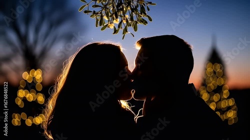 Wallpaper Mural Silhouetted couple kisses beneath mistletoe against a dusky sky with bokeh Christmas lights Torontodigital.ca