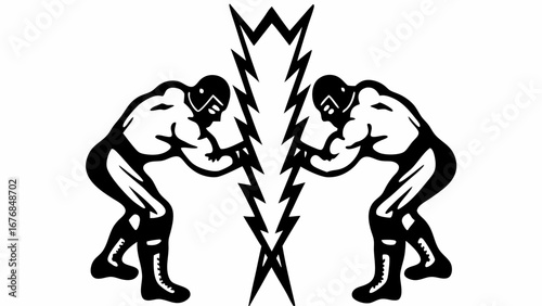 Two wrestlers facing each other with a lightning bolt in between in black and white illustration style silhouette