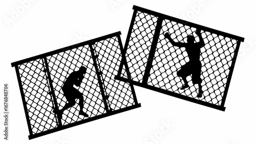 Two silhouetted figures in separate cages, one climbing and the other in a fighting stance, black and white