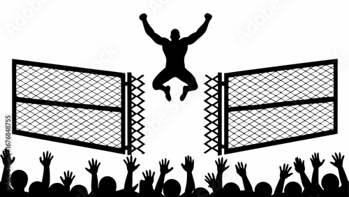 Silhouette of a man jumping through an open gate with a crowd of people cheering below him in black