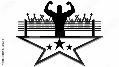 Silhouette of a muscular figure flexing in a boxing ring with a crowd above a star design element
