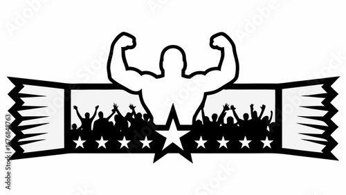 Illustration of a bodybuilder with a crowd of people and stars in a banner like design in black and white silhouette