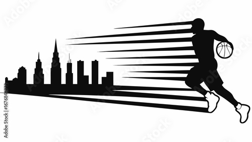 Silhouette of a basketball player dribbling with a city skyline and motion lines in the background design