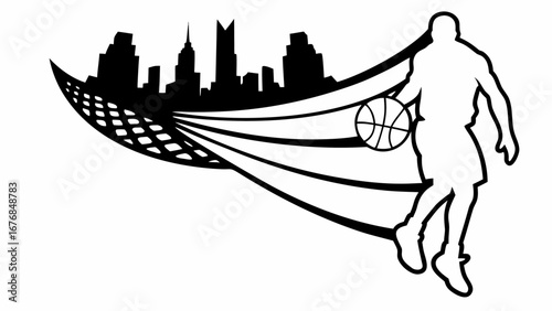 Silhouette of a basketball player dribbling with a cityscape and net design in the background artwork