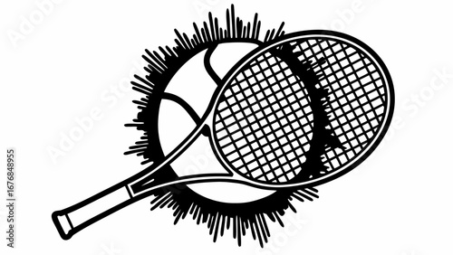 Illustration of a tennis racket overlaying a basketball with an abstract burst design in black and white silhouette US open Tenis   , RYDER CUP GOLF  ,,  WWE WRESTLING EVENTS WRESTLEPALOOZA  ,,  NBA S