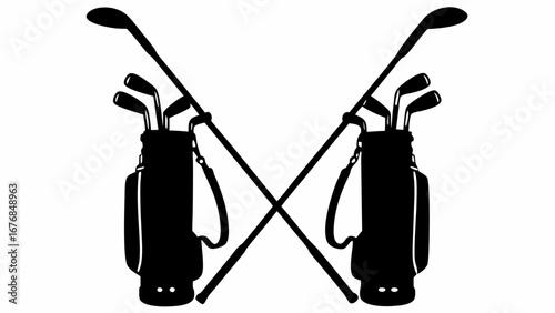 Two golf bags with golf clubs crossed in black and white simple vector illustration design element art silhouette