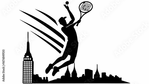 Silhouette of tennis player serving over cityscape with motion lines and tennis ball in black and white style US open Tenis   , RYDER CUP GOLF  ,,  WWE WRESTLING EVENTS WRESTLEPALOOZA  ,,  NBA SEASON 