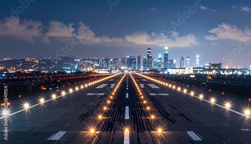 Empty airport runway at night, leading to a bustling cityscape.