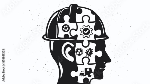 Illustration of a head wearing a hard hat with puzzle pieces containing various icons inside the head silhouette