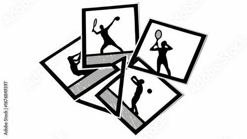 Collection of tennis player silhouettes in square frames with overlapping and slightly rotated arrangement US open Tenis   , RYDER CUP GOLF  ,,  WWE WRESTLING EVENTS WRESTLEPALOOZA  ,,  NBA SEASON  ,,