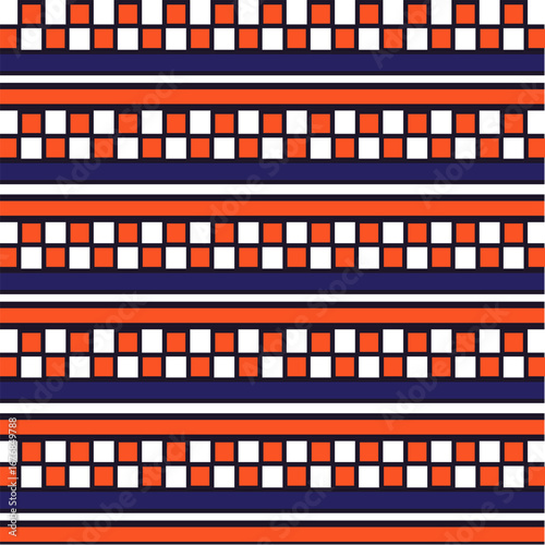 This is a seamless pattern with a repeating design featuring geometric shapes and stylized figures in rows. The color palette includes dark blue, burnt orange, yellow, and white.