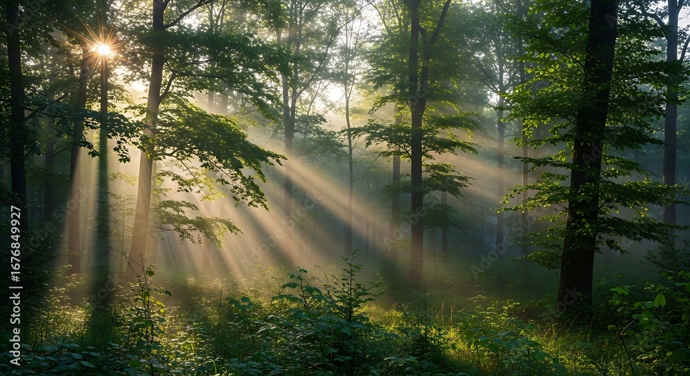 Obraz premium Sunlight Through Trees in a Green Forest.