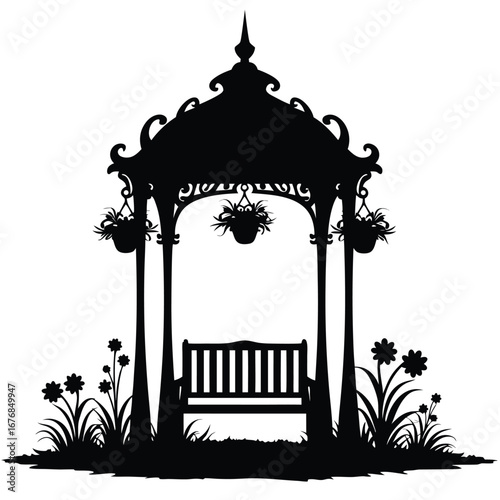 Black silhouette of a garden gazebo with a bench and flowers