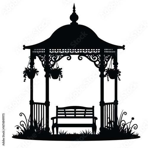 Black silhouette of a garden gazebo with bench and hanging plants 2