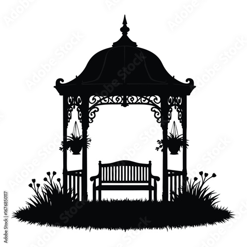Black silhouette of a garden gazebo with bench and hanging plants 3