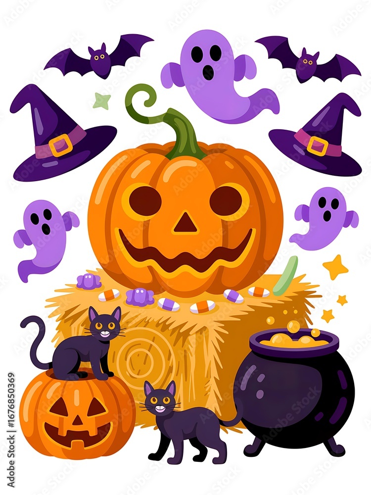 Fototapeta premium Cute Halloween Clipart Bundle Ghost, Pumpkin, Bats & Spiderwebs Digital Halloween Decor Fall Seasonal Illustration