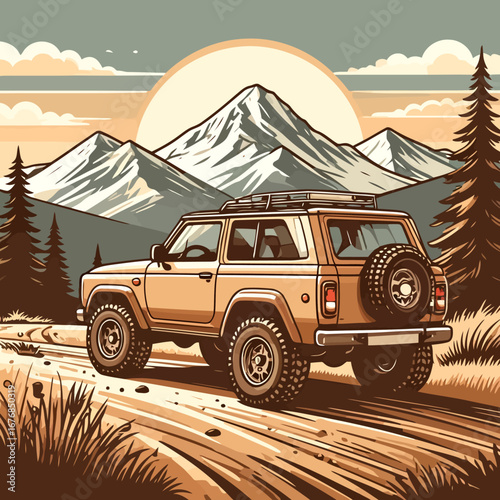 Tan Off-Road Vehicle on Dirt Road with Mountain Backdrop.