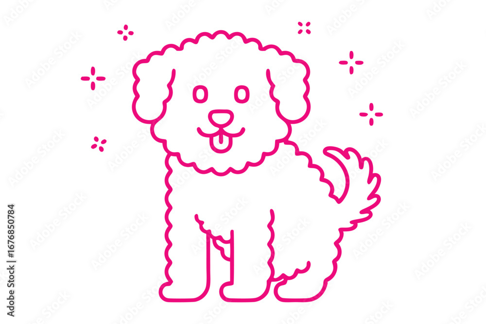 Fototapeta premium Playful Pink Poodle Illustration, Cute Dog Line Art, Outline with White Background