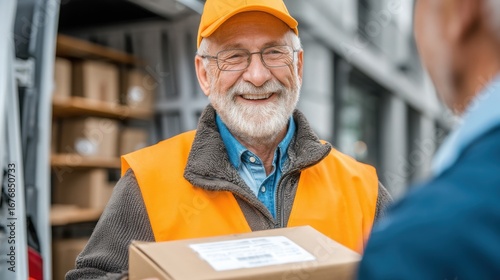 Senior Male Warehouse Worker in Safety Vest Receiving Package from Customer in Distribution Center