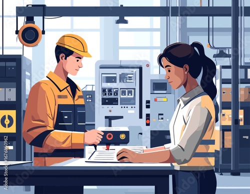 Male and female industrial engineers collaborating in a factory.