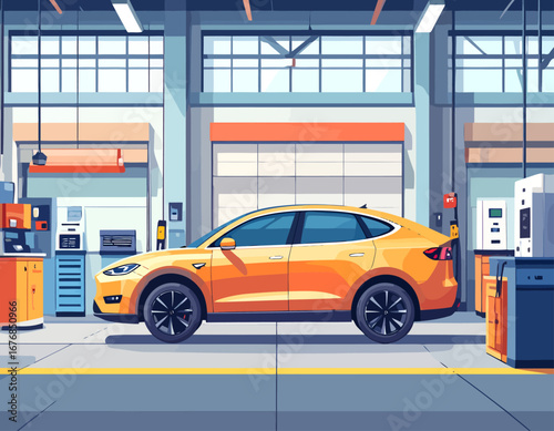 Sleek orange electric crossover vehicle parked indoors.