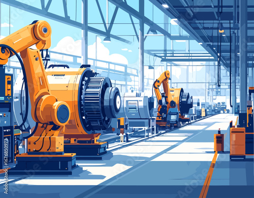 Yellow Industrial Robotic Arm on an Automated Factory Assembly Line.